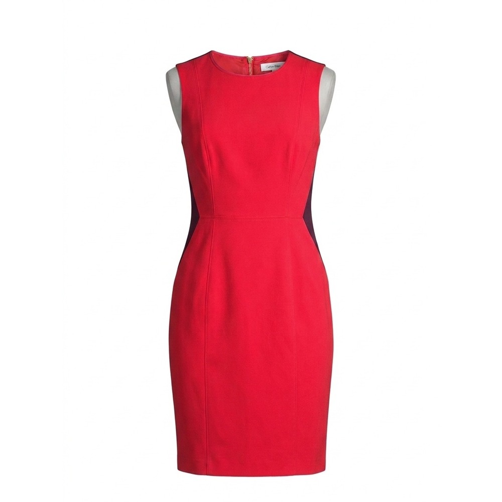 Calvin Klein Red Plum Colorblock Sheath Dress Sleeveless Size 6 Gold Zip